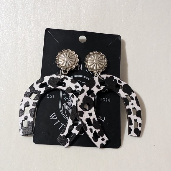 Black and White Cow Print Earrings - Picture 1 of 6